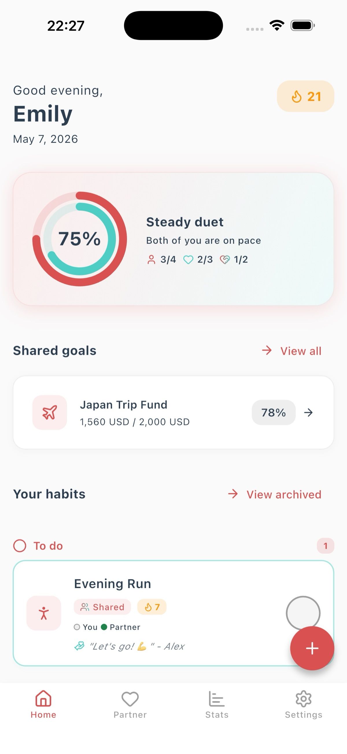 Better Us home screen showing a couple's shared daily habits and check-in streak